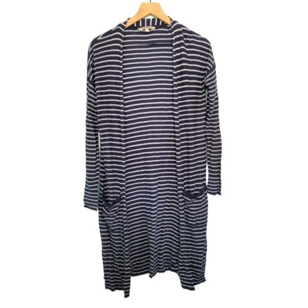 Athleta Retreat Navy & White Stripe Long Line Cardigan Silk Cashmere Size Medium